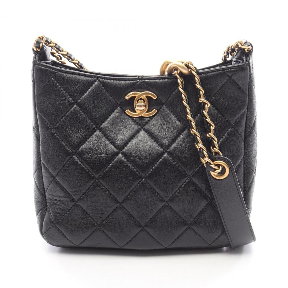 Chanel Matelassé Small Hobo Bag Shoulder Handbag Lambskin Leather Women's Bla...